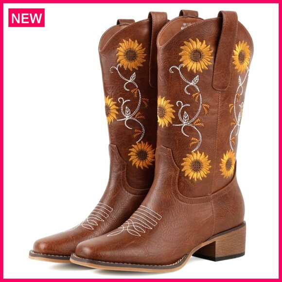 Shoes - Square Toe Cowboy Boots with Sunflower Embroidery Chunky Heel Mid Calf